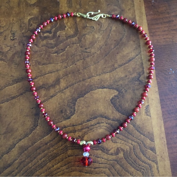 Handcrafted repurpose carnelian glass faceted crystal beaded necklace - Picture 9 of 10